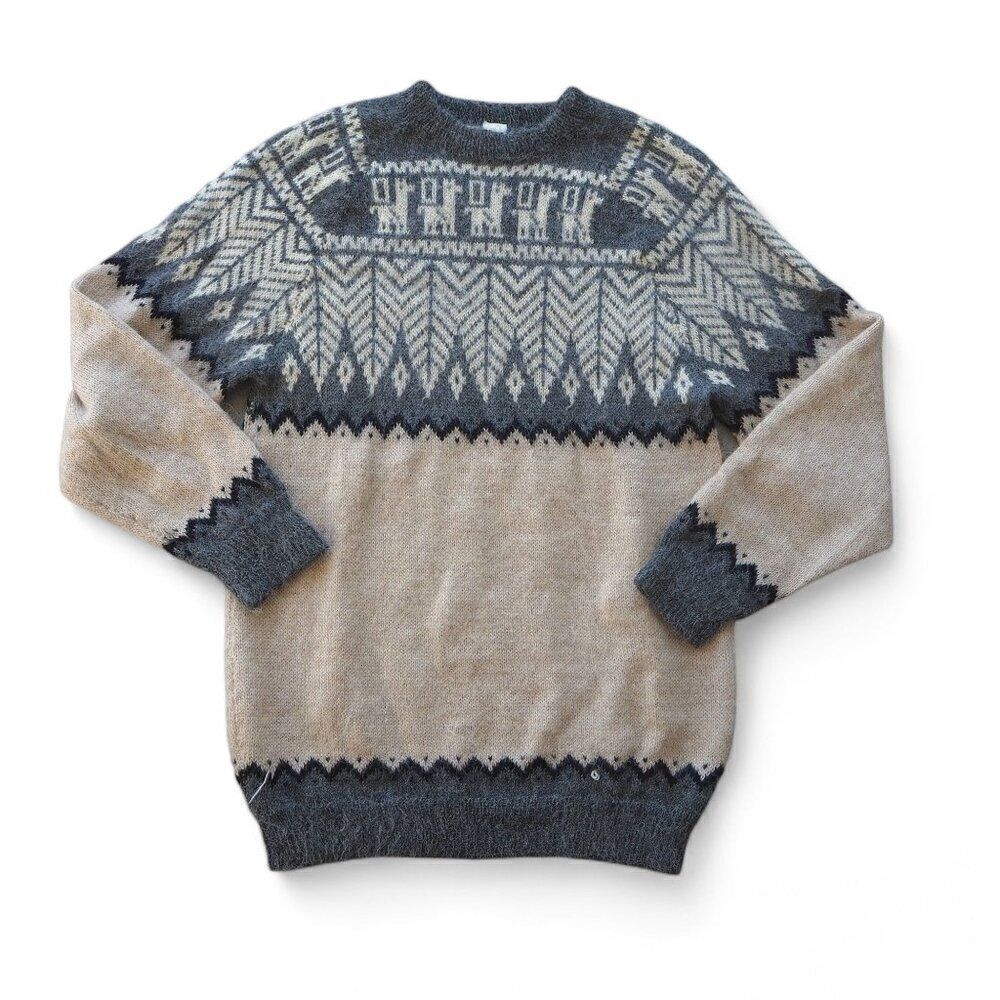 Vintage 80s 90s 100% Alpaca Wool Crew Neck Sweater‎ Cream / Greyish Blue